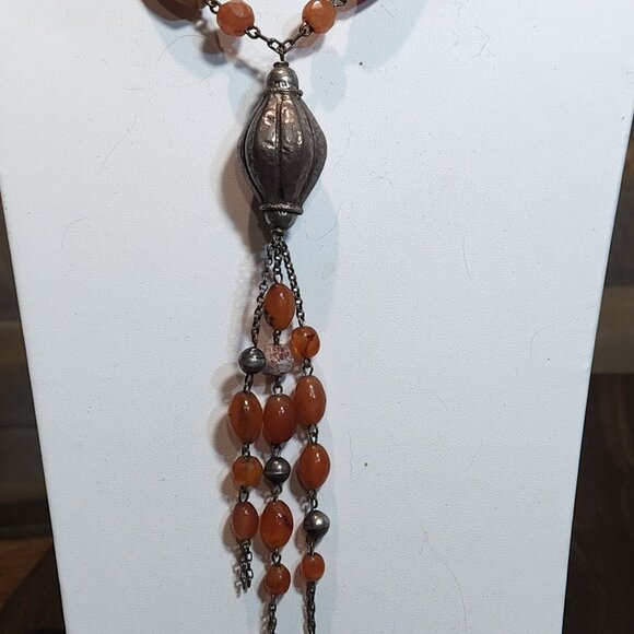 Vintage Handcrafted Carnelian & Silver Beaded Necklace With Ornate Pendant - Picture 5 of 9